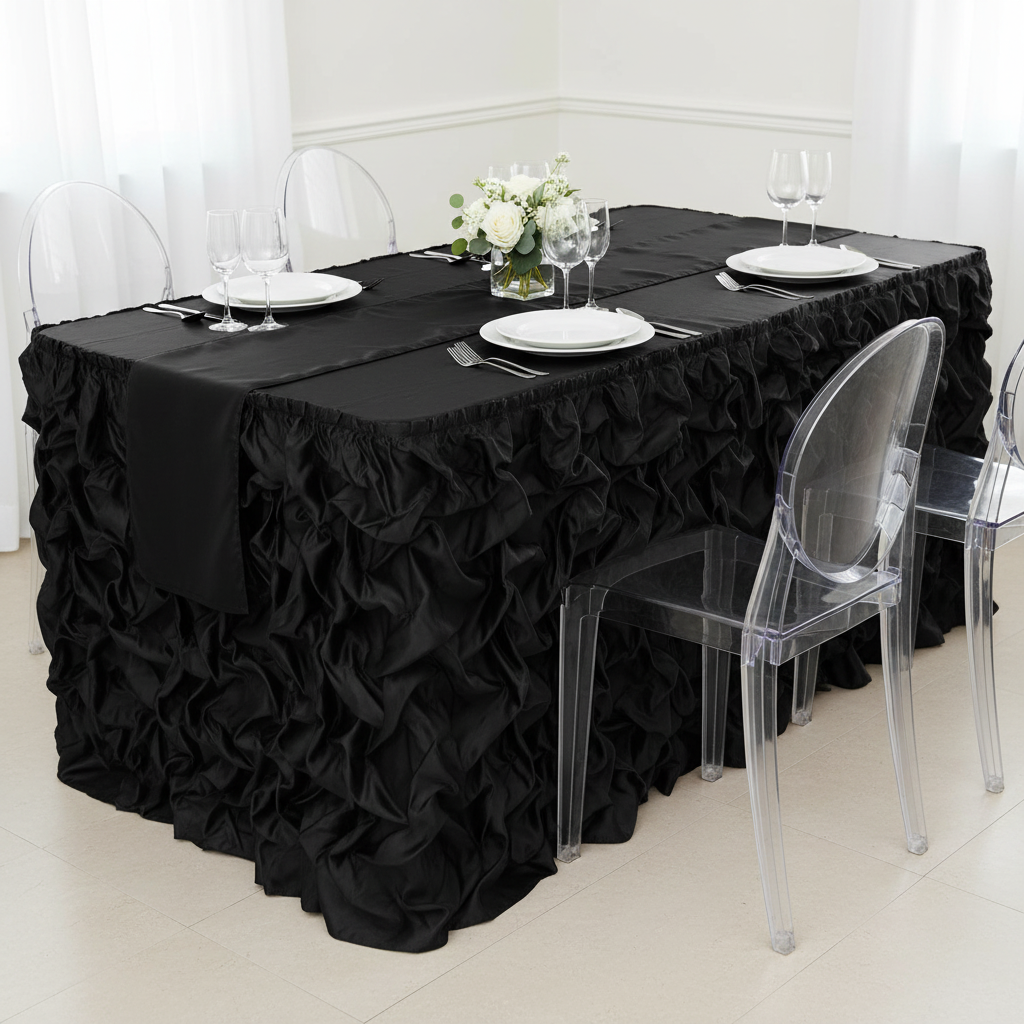 14ft Gathered Lamour Satin Table Skirt - Black.