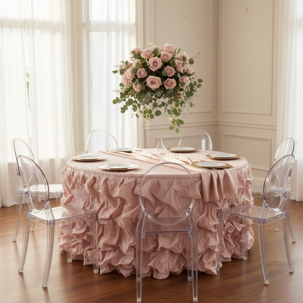 14ft Gathered Lamour Satin Table Skirt - Blush/Rose Gold.