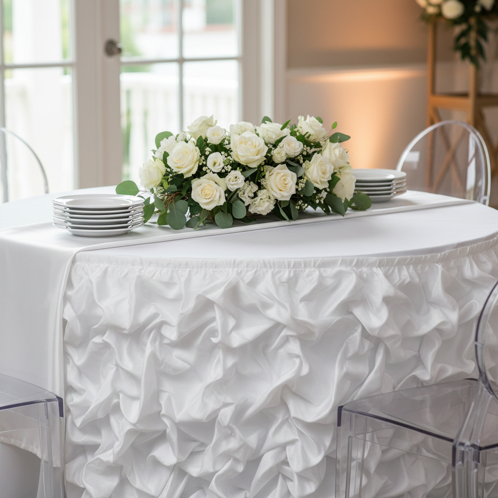 14ft Gathered Lamour Satin Table Skirt - White.