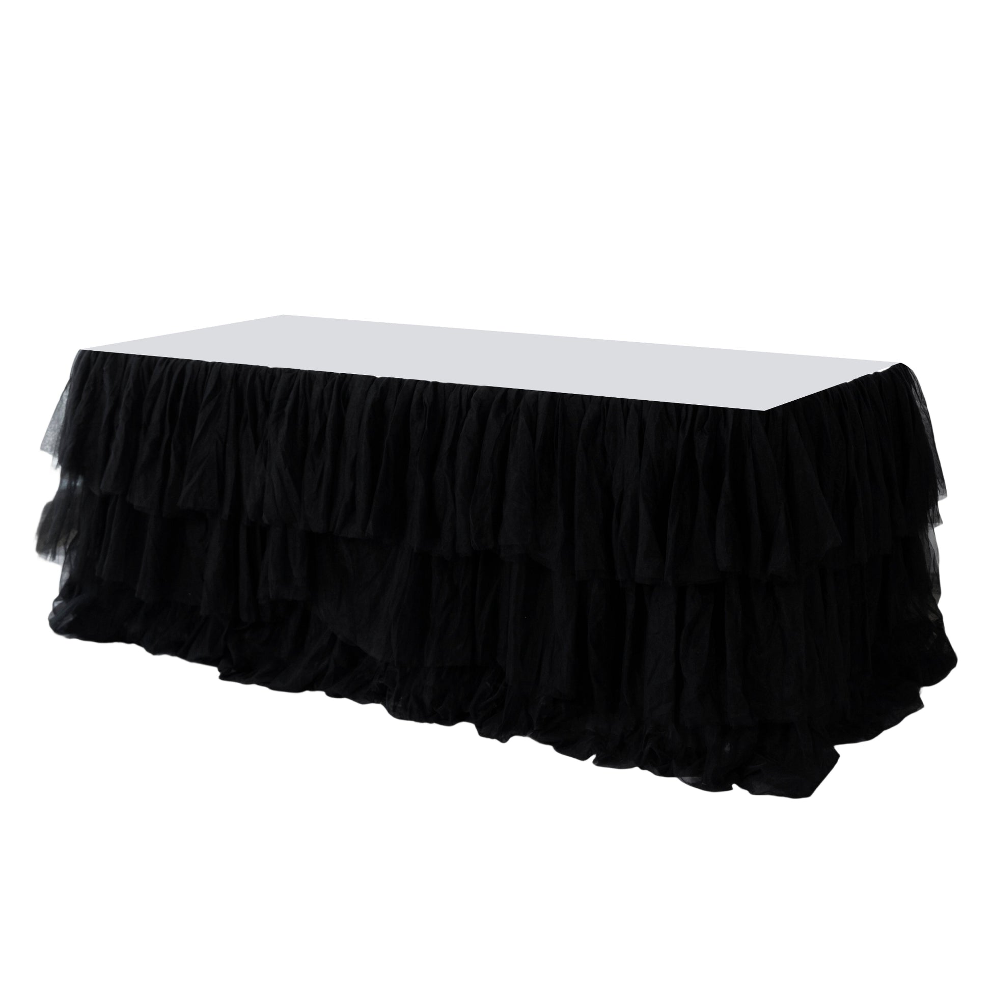 Black ruffled layered tulle tableskirt 14ft  angled view