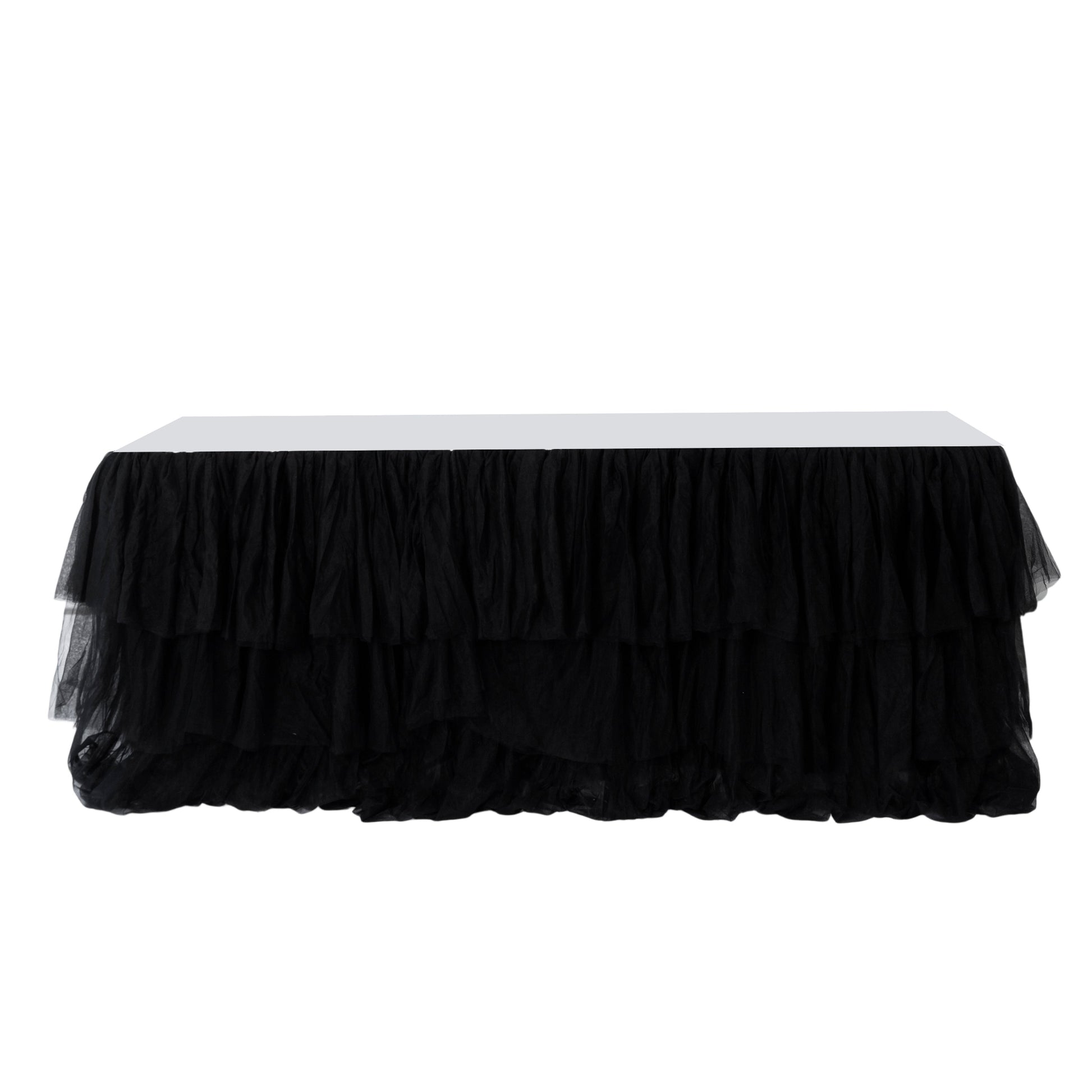Black ruffled layered tulle tableskirt 14ft  front view on banquet table