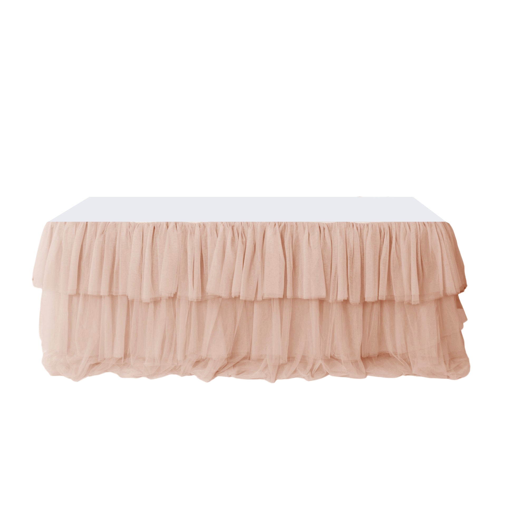 Blush rose gold ruffled layered tulle tableskirt 14ft  front view on banquet table