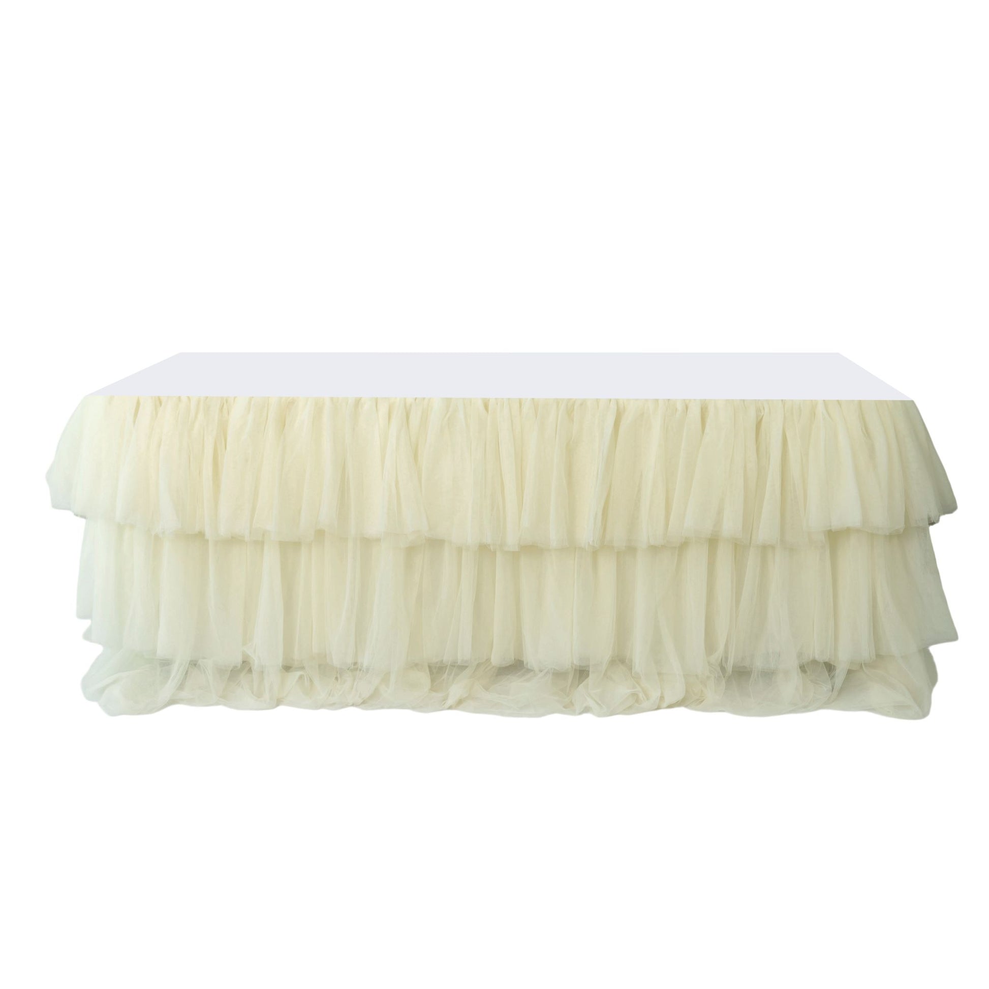 Ivory ruffled layered tulle tableskirt 14ft  front view on banquet table 