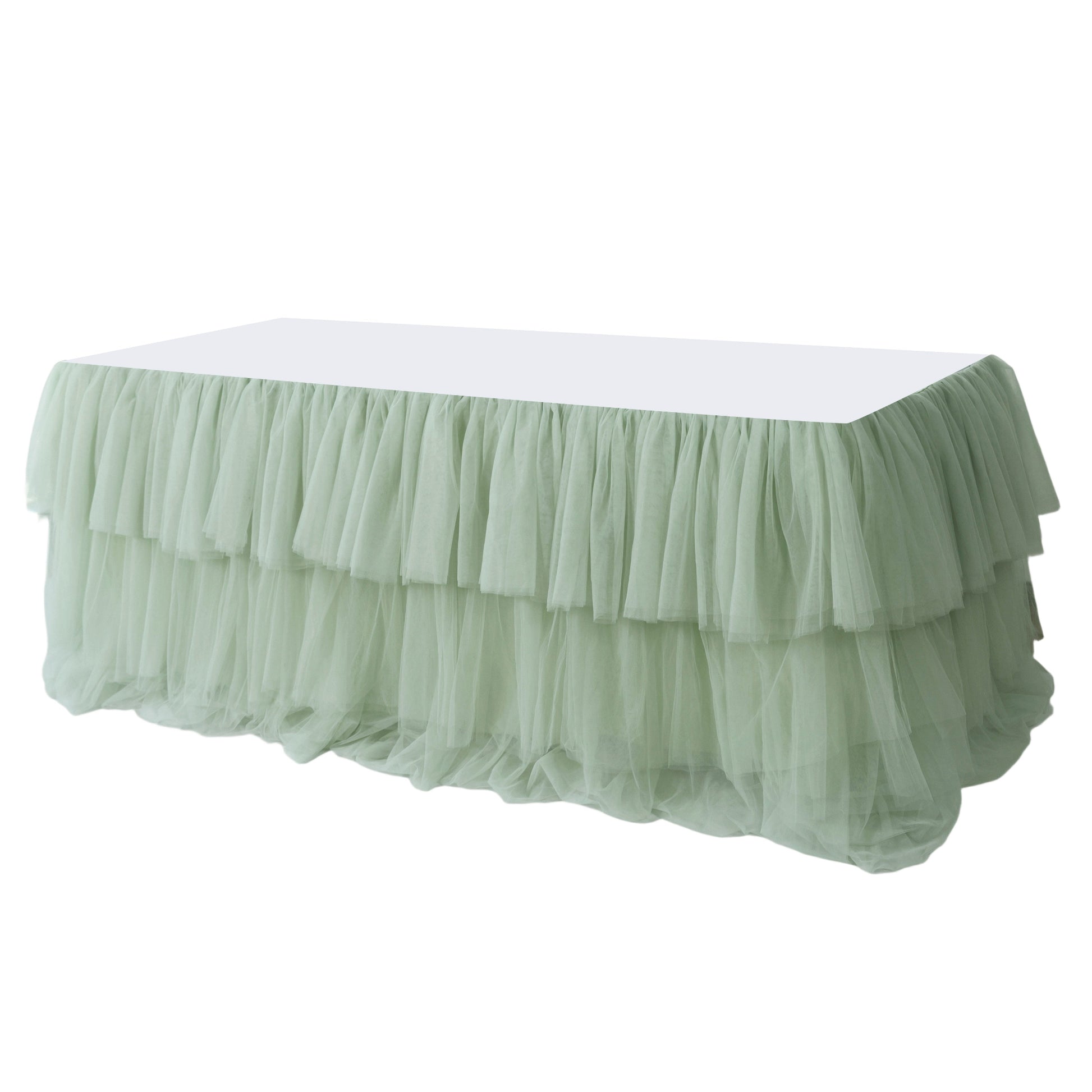 Sage Green ruffled layered tulle tableskirt 14ft  angled view