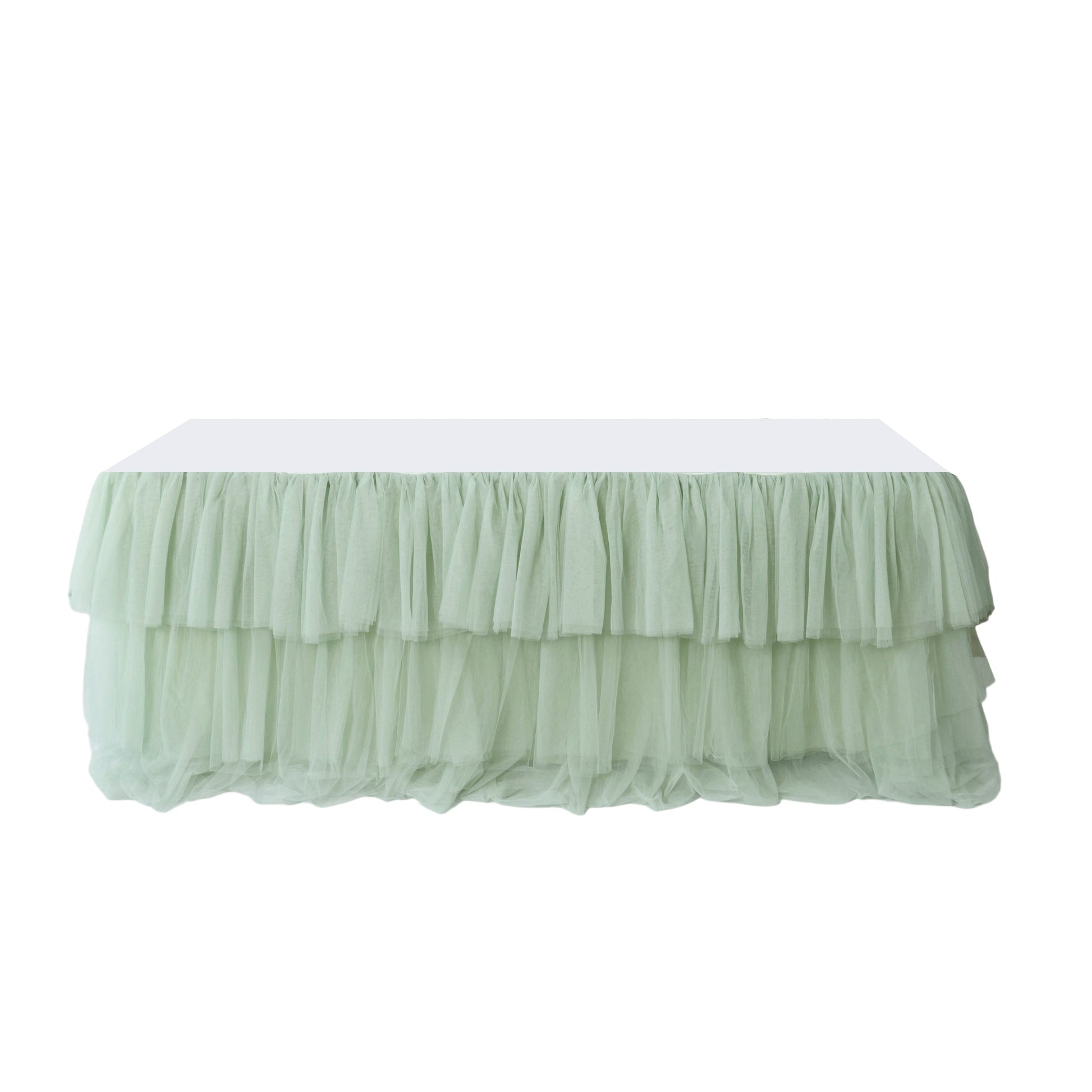 Sage green ruffled layered tulle tableskirt 14ft  front view on banquet table