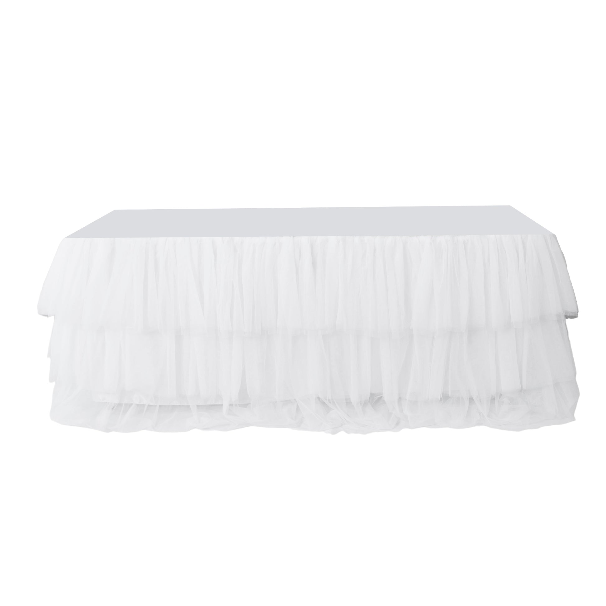 White ruffled layered tulle tableskirt 14ft  front view on banquet table