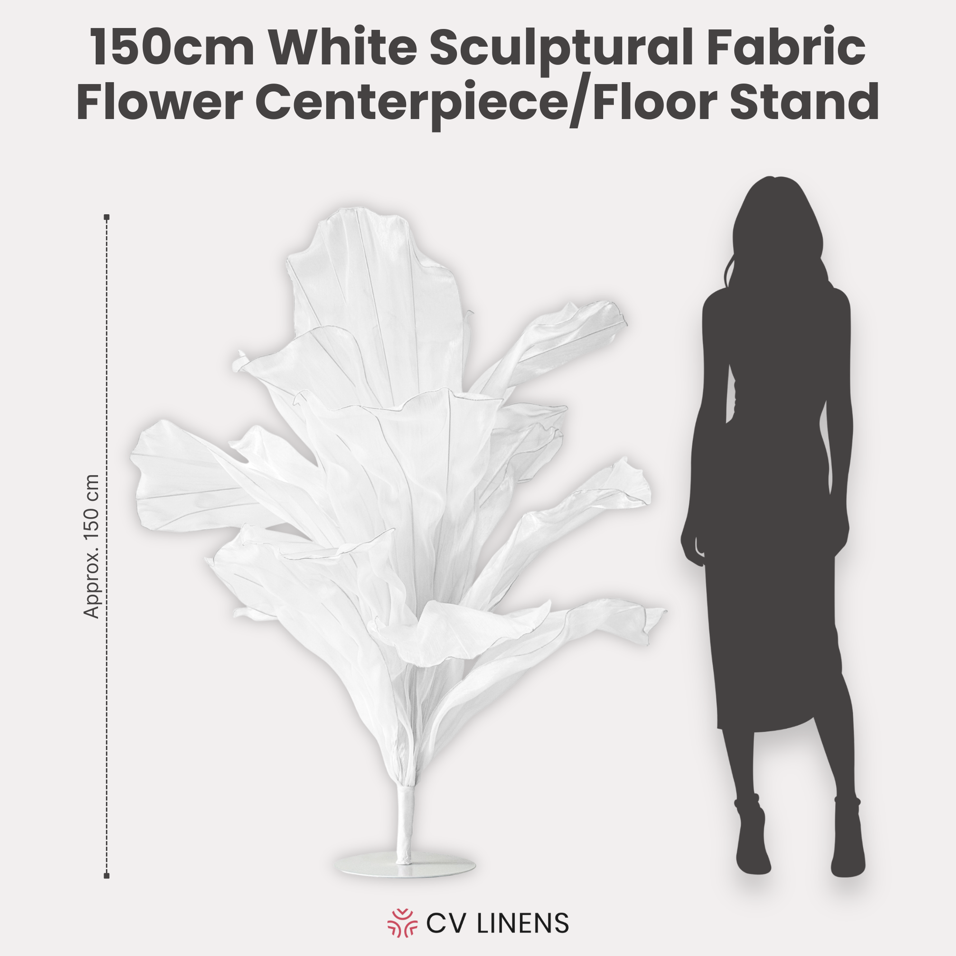 150cm Sculptural Fabric Flower Centerpiece/Floor Stand White infographic showing height comparison