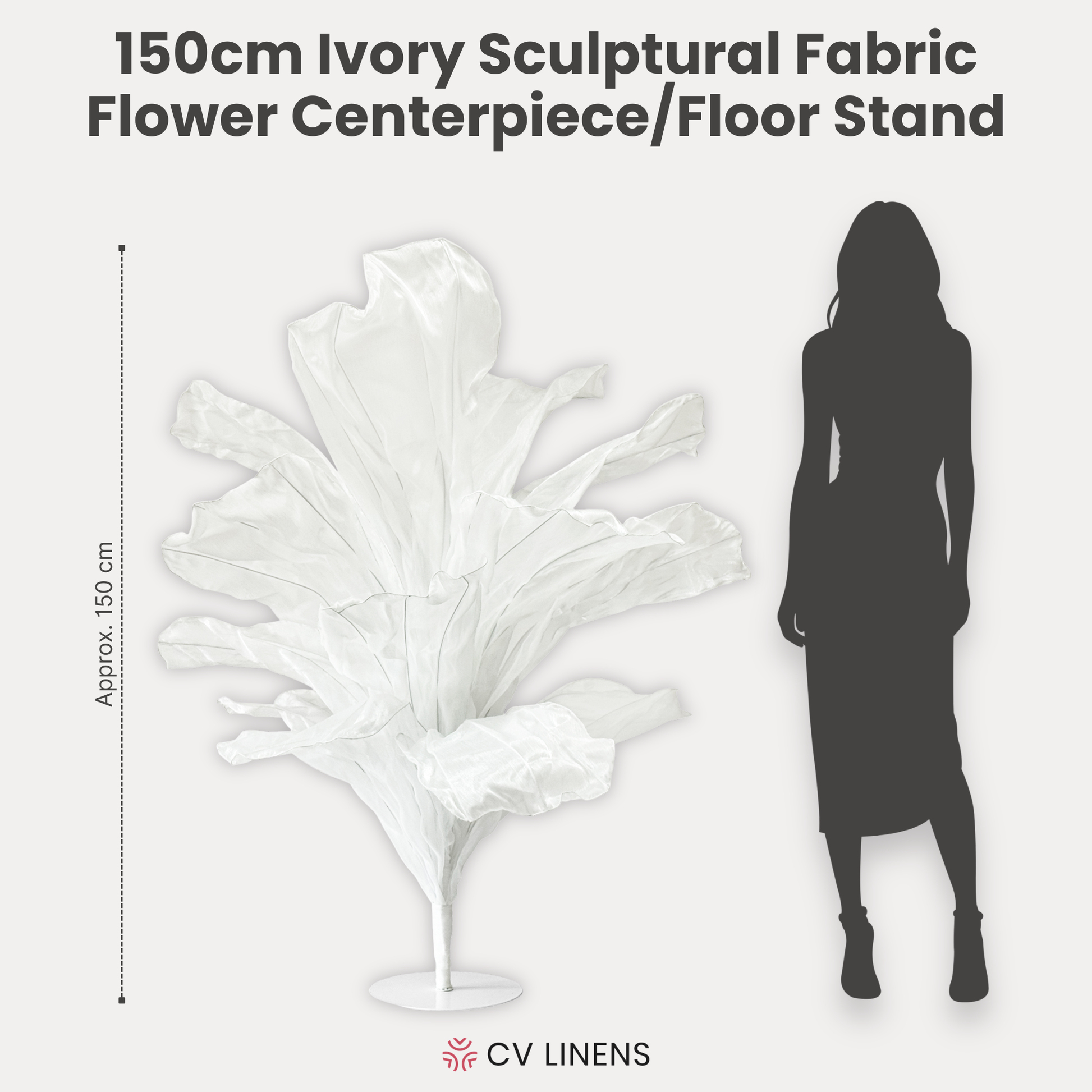 150cm Sculptural Fabric Flower Centerpiece/Floor Stand Ivory infographic showing height comparison
