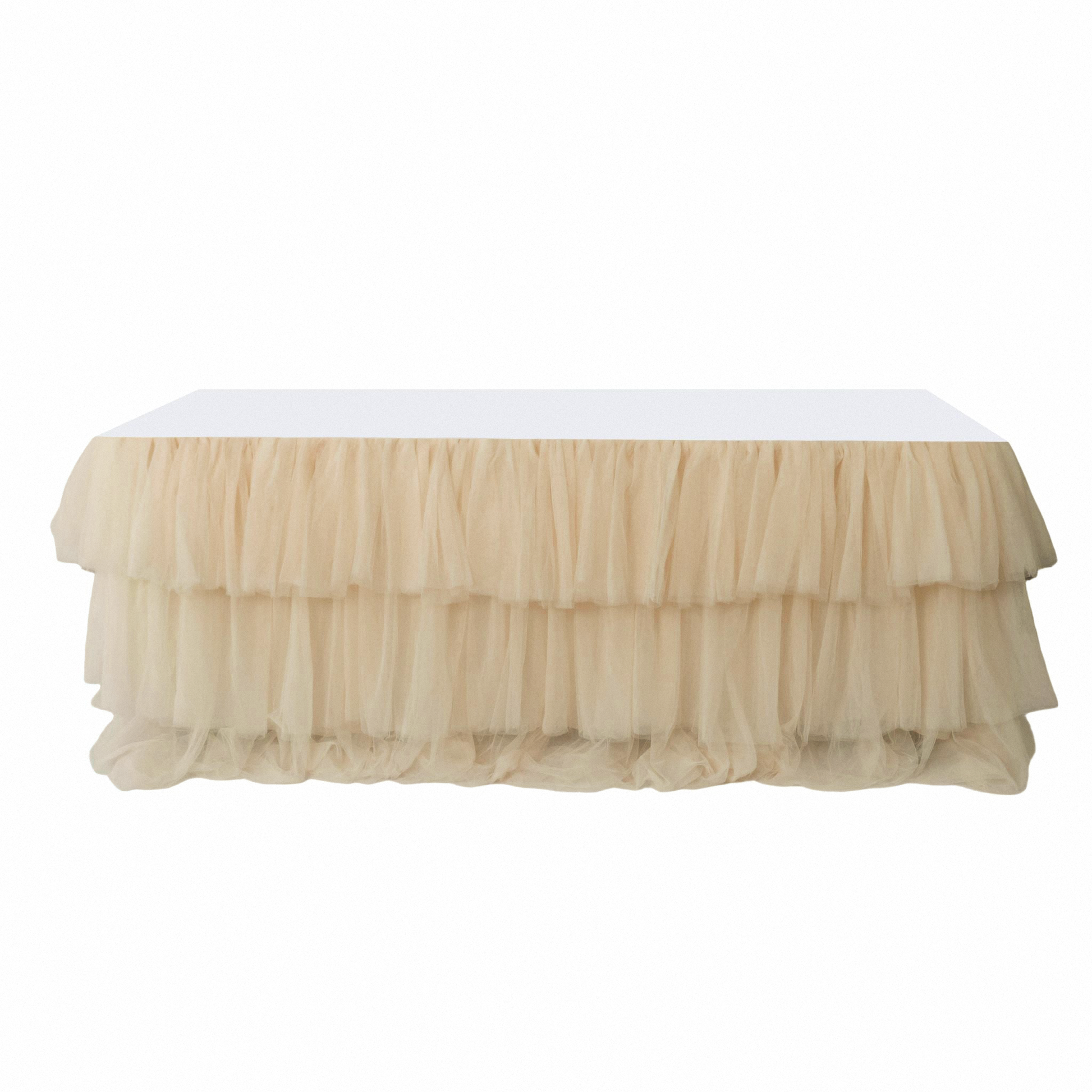 17ft Ruffle Layered Champagne Tulle Tableskirt front view