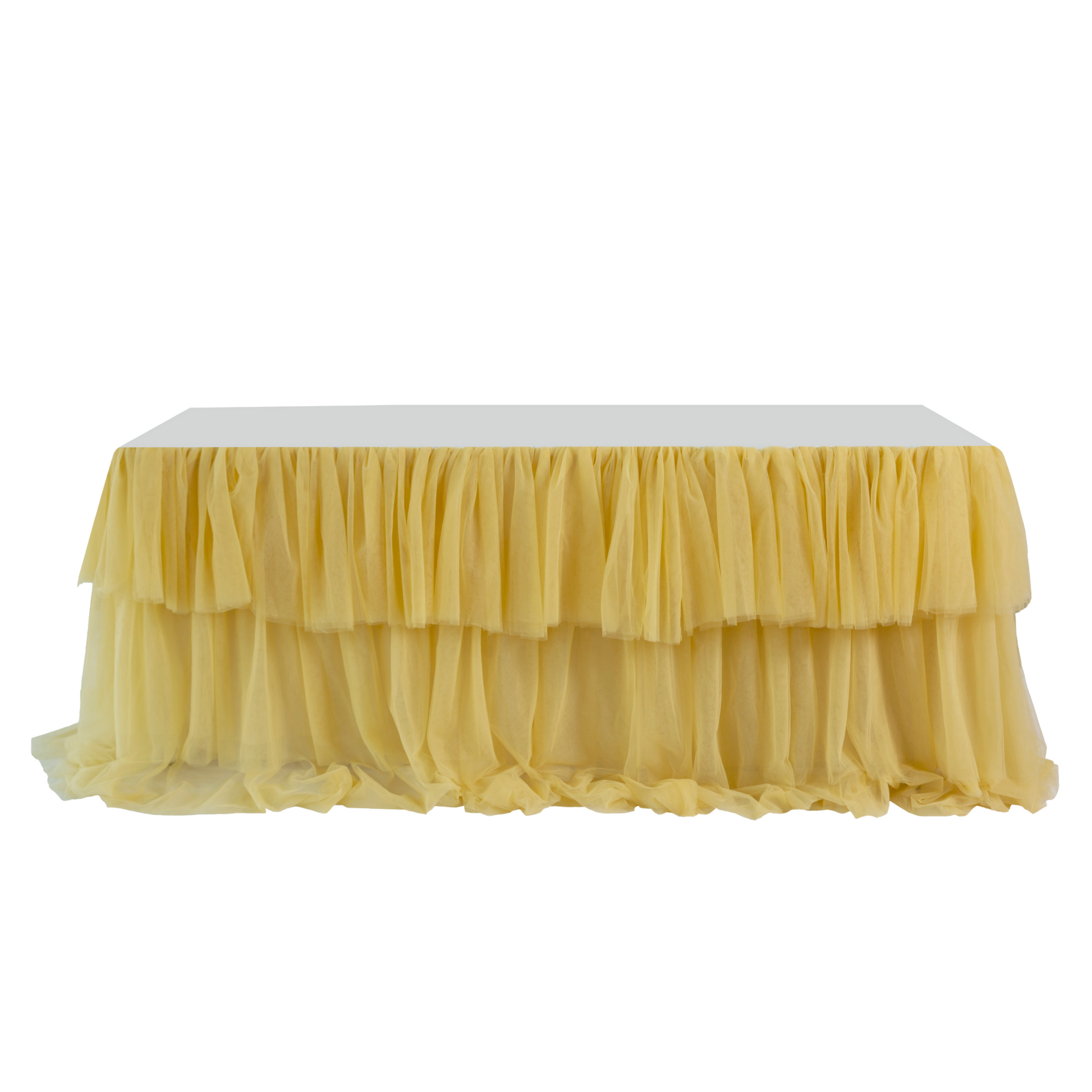 Mustard gold ruffled layered tulle tableskirt 17ft  front view on banquet table