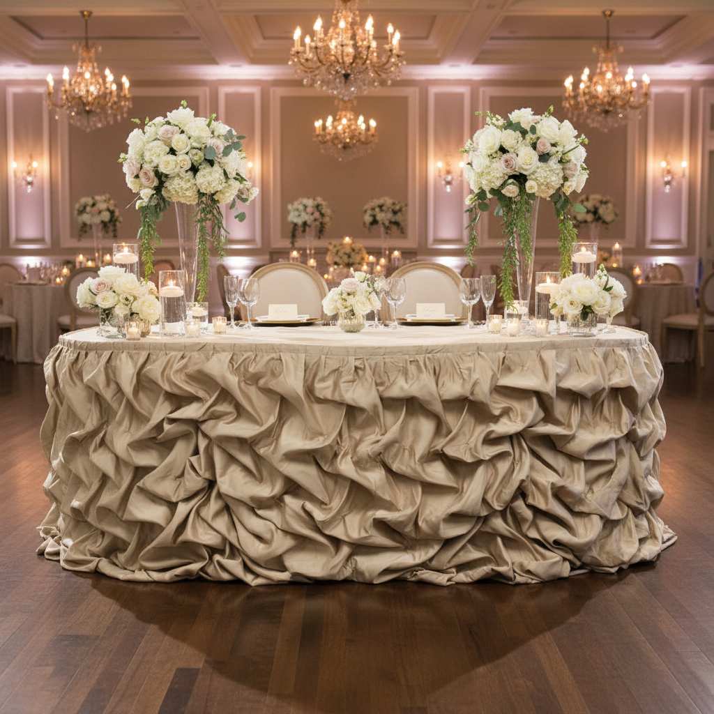 17ft Gathered Lamour Satin Table Skirt Champagne - Bridal Table Mockup