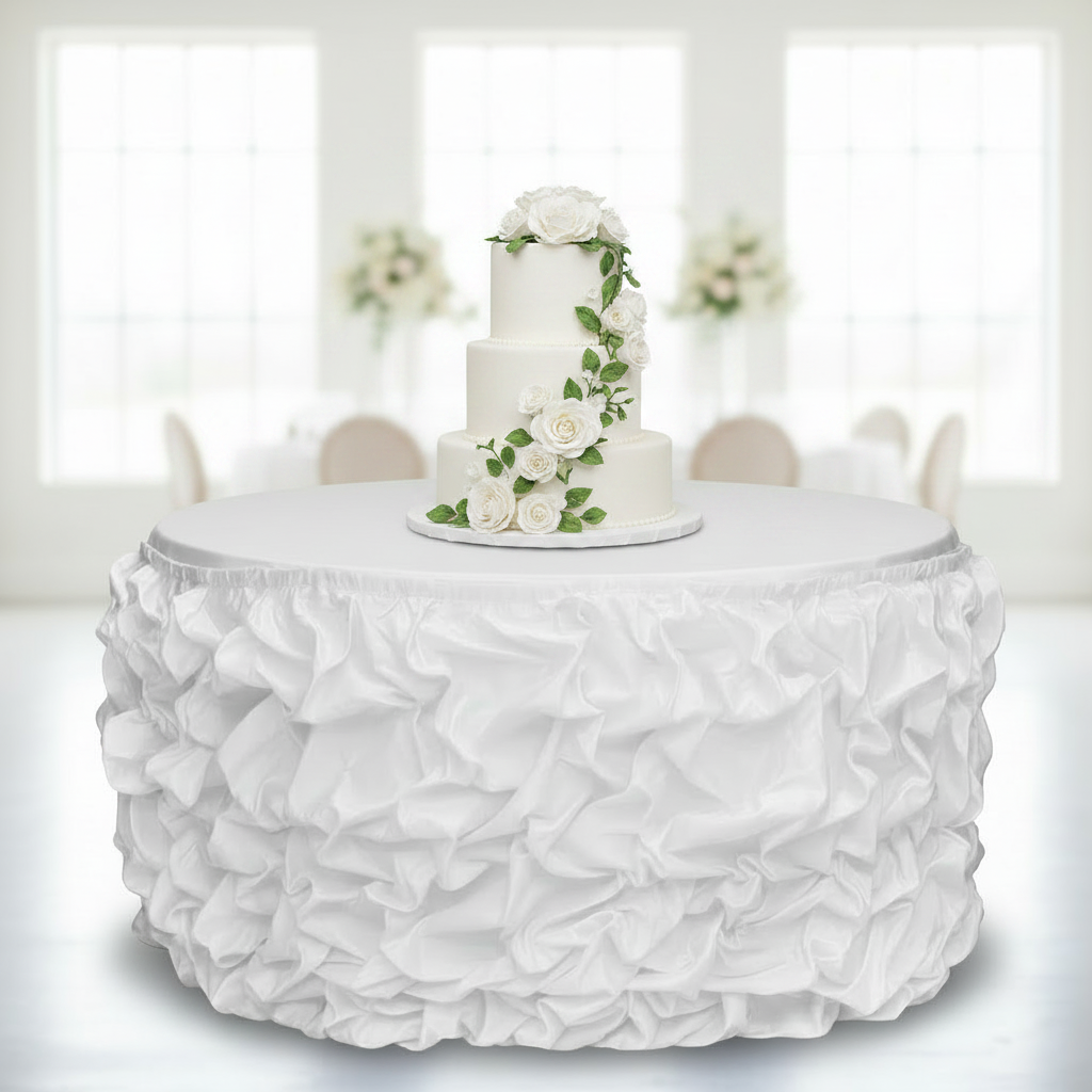 17ft Gathered Lamour Satin Table Skirt White Cake Table Mockup
