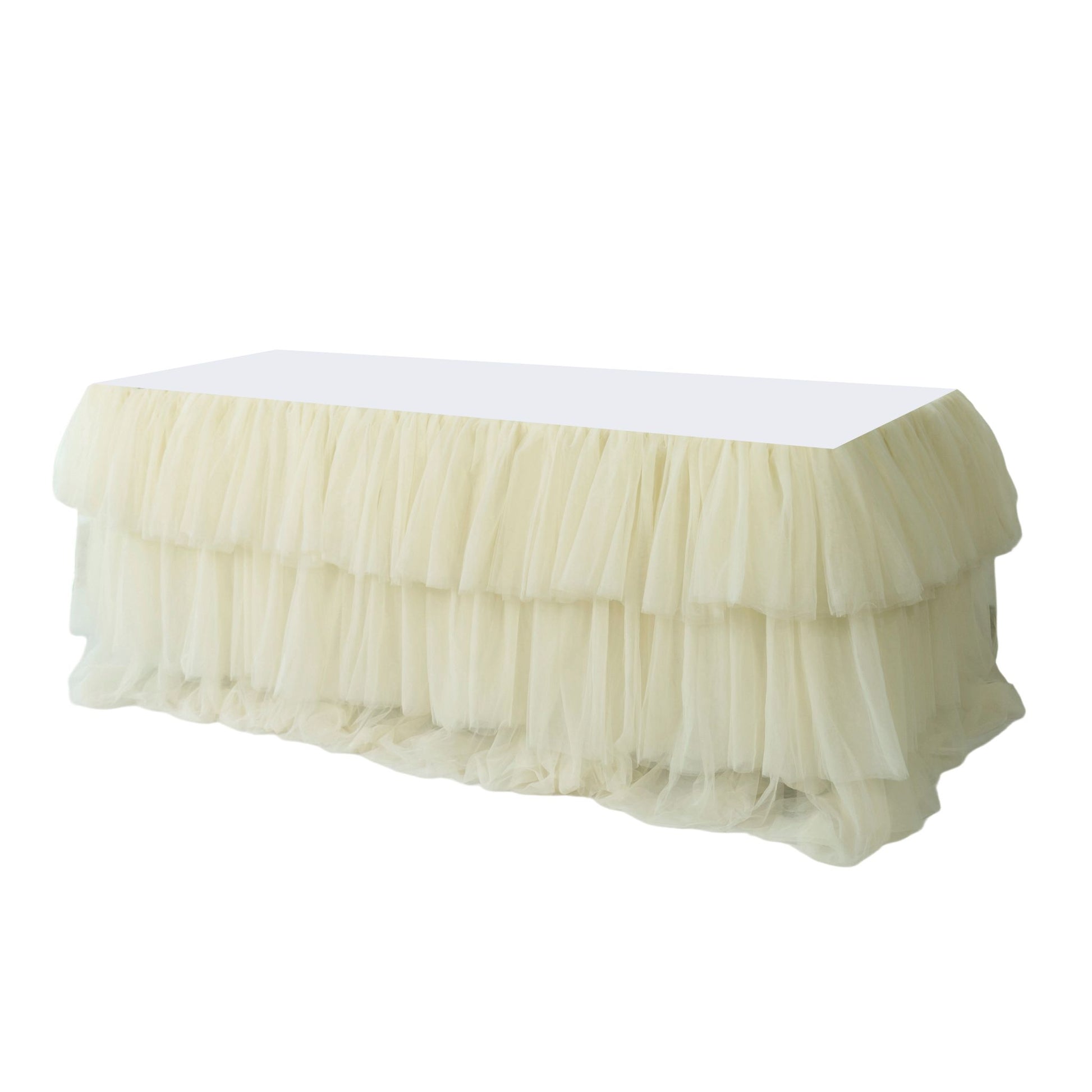 Ivory ruffled layered tulle tableskirt 17ft  angled view