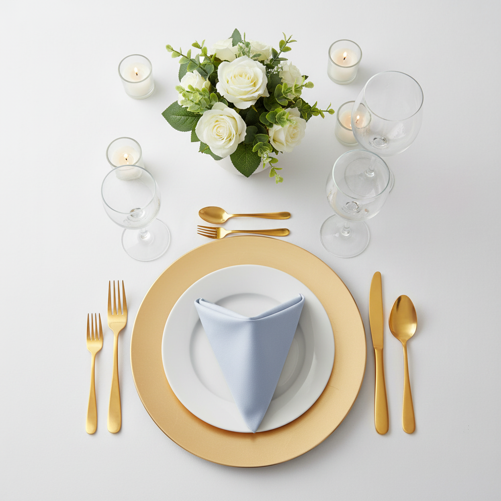 top view table setup with 17"x17" Premium Polyester Napkin - Dusty Blue