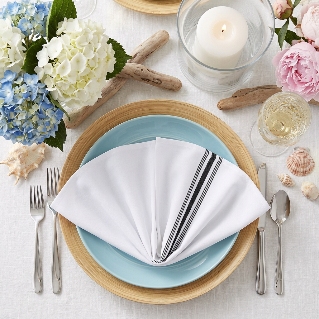18"x22" Black Stripe Bistro Spun Polyester Napkins 5pc/pk on top of baby blue dinner plate for a beach setting