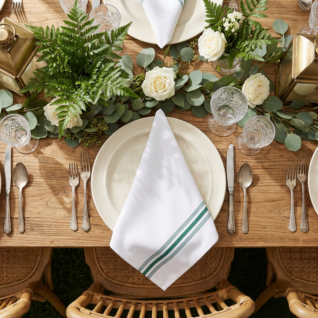 birds eye view of the 18"x22" Forest Green Stripe Bistro Spun Polyester Napkins 5pcs/pk on top a white dinner plate and a wooden table 
