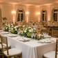 18"x22" Forest Green Stripe Bistro Spun Polyester Napkins 5pcs/pk reception with gold chiavari chairs, clear wine goblets and white rose floral centerpiece 