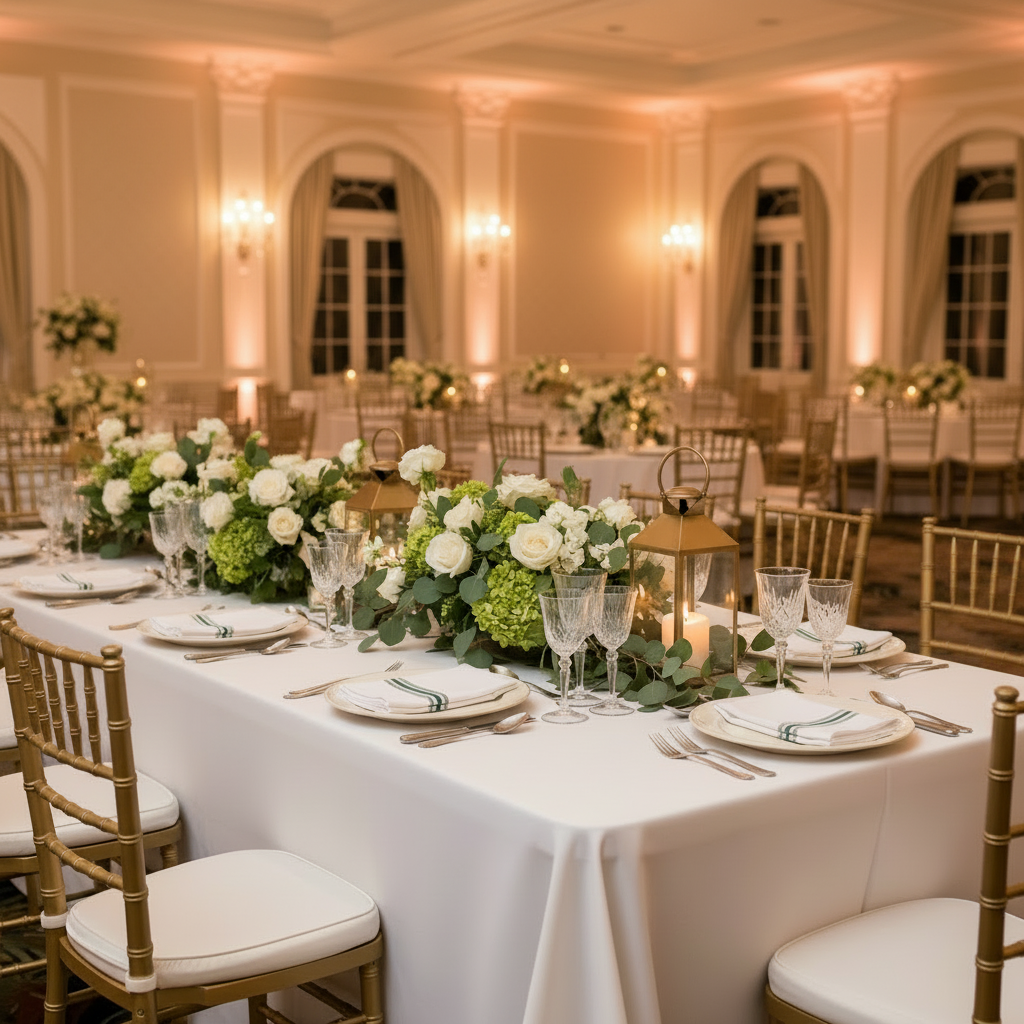 18"x22" Forest Green Stripe Bistro Spun Polyester Napkins 5pcs/pk reception with gold chiavari chairs, clear wine goblets and white rose floral centerpiece 