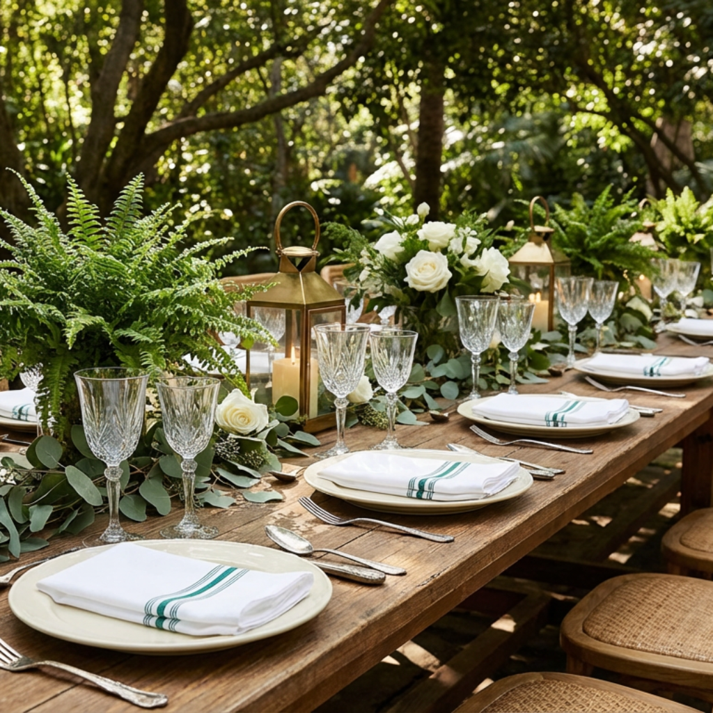 outodoor bridal table with the 18"x22" Forest Green Stripe Bistro Spun Polyester Napkins 5pc/pk, white roses and seeded eucalyptus runner