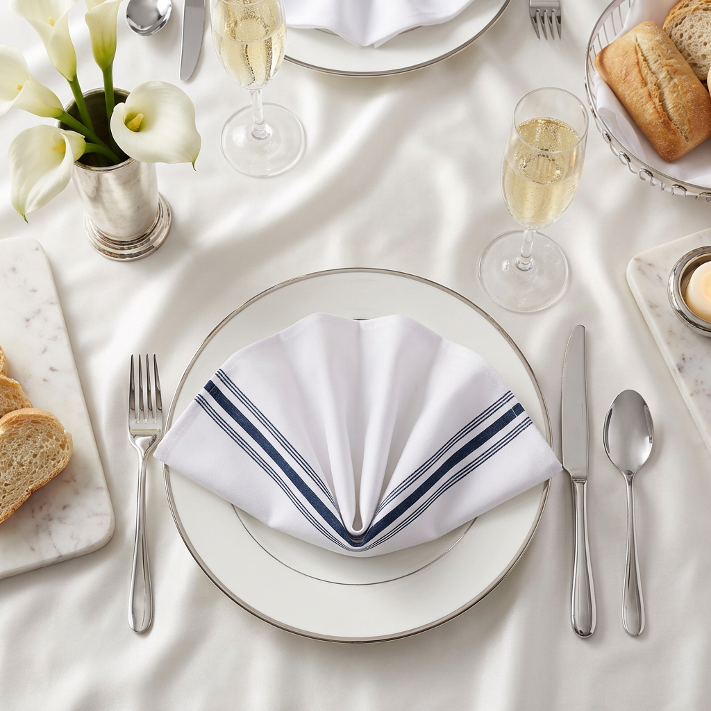 18"x22" Navy Blue Stripe Bistro Spun Polyester Napkins 5pc on top of white dinner plate and tablecloth