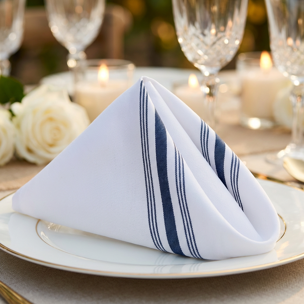 18"x22" Navy Blue Stripe Bistro Spun Polyester Napkins 5pc on a  triangle fold setup