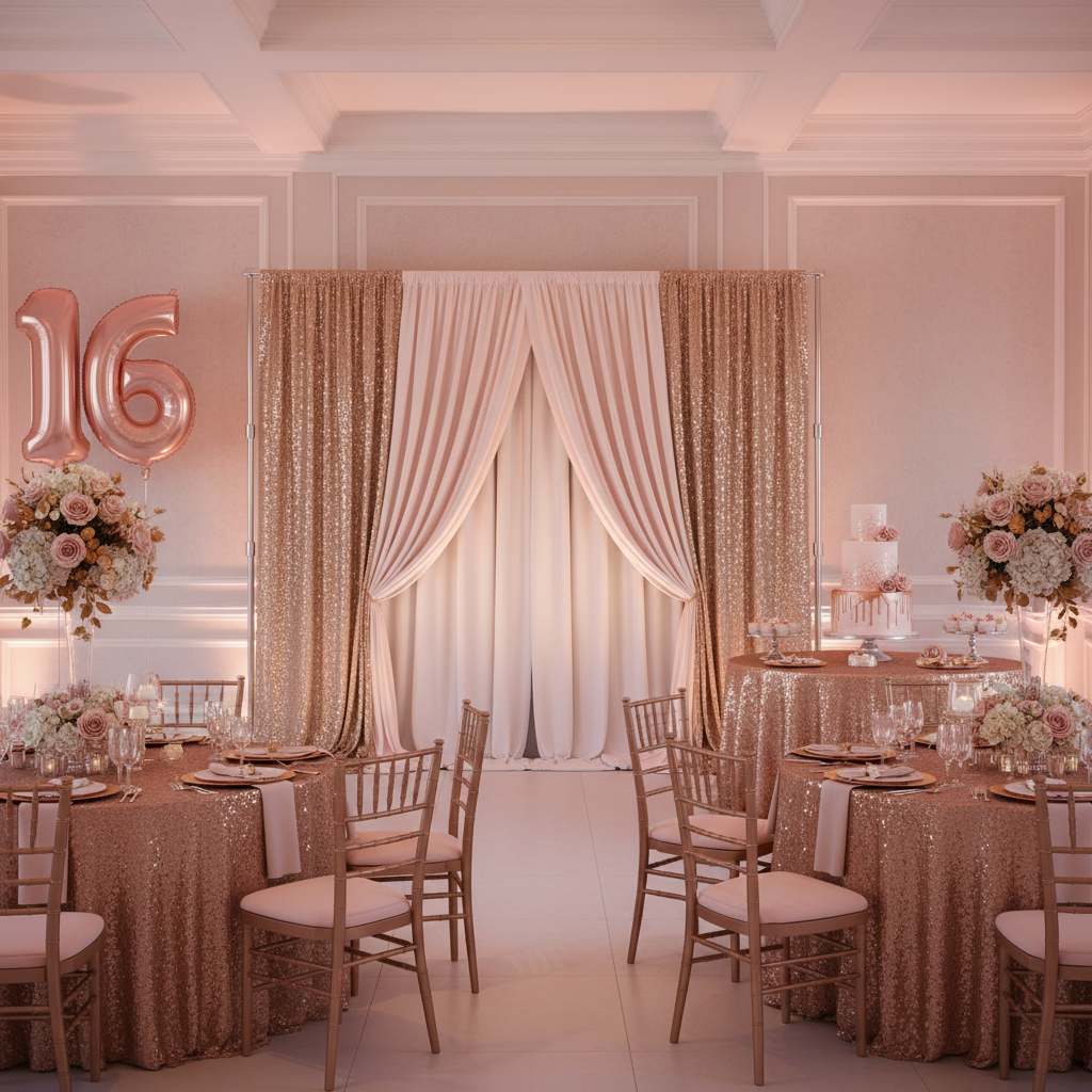 2 pc Crossbar support (drape support) rod 6ft to 10ft with ivory drape and glitz sequin in blush for sweet 16th birthday