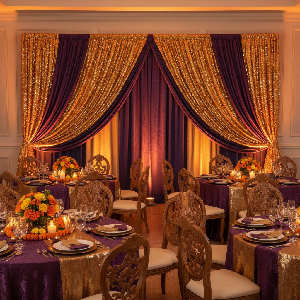 2 pc Crossbar support (drape support) rod 7ft to 12ft with gold glitz sequin drape and burgundy spandex drapes