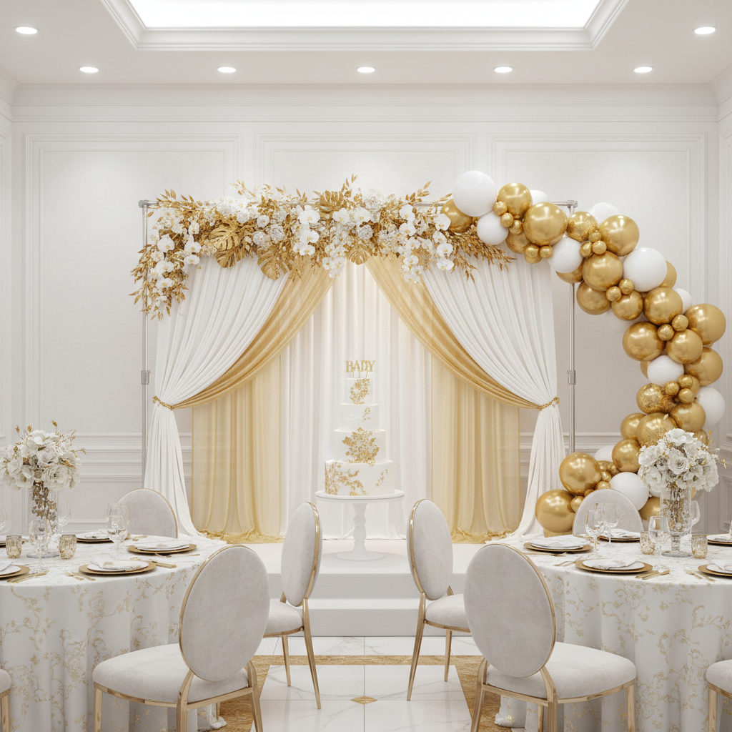 2 pc Crossbar support (drape support) rod 7ft to 12ft with white spandex and champagne chiffon drapes for baby shower