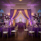 2 pc Crossbar support (drape support) rod 7ft to 12ft with purple chiffon and gold glitz sequin drapes for quinceañera celebration