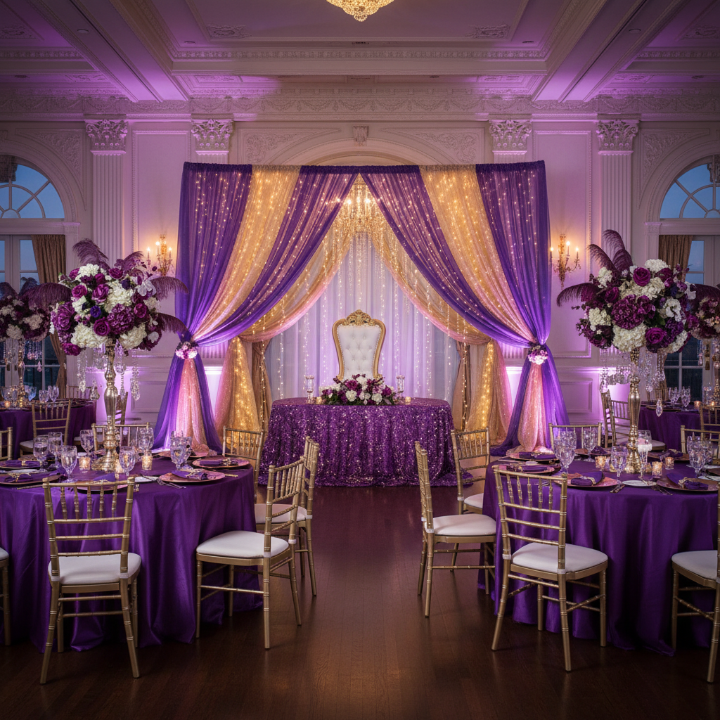 2 pc Crossbar support (drape support) rod 7ft to 12ft with purple chiffon and gold glitz sequin drapes for quinceañera celebration