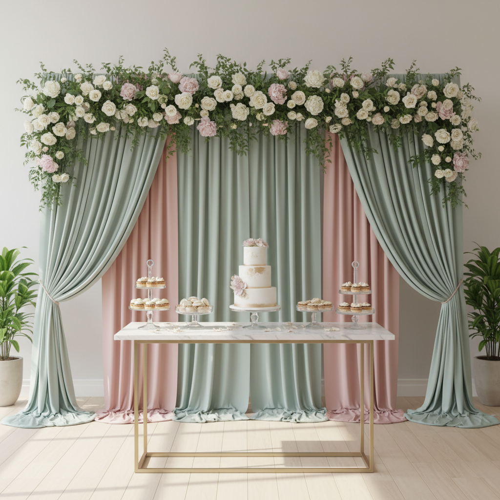 2 pc Crossbar support (drape support) rod 8ft to 14ft with mint green and blush drapes for bridal setup