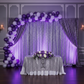 2 pc Crossbar support (drape support) rod 8ft to 14ft with silver purple glitz sequin drapes and white, purple balloons for quinceañera setup