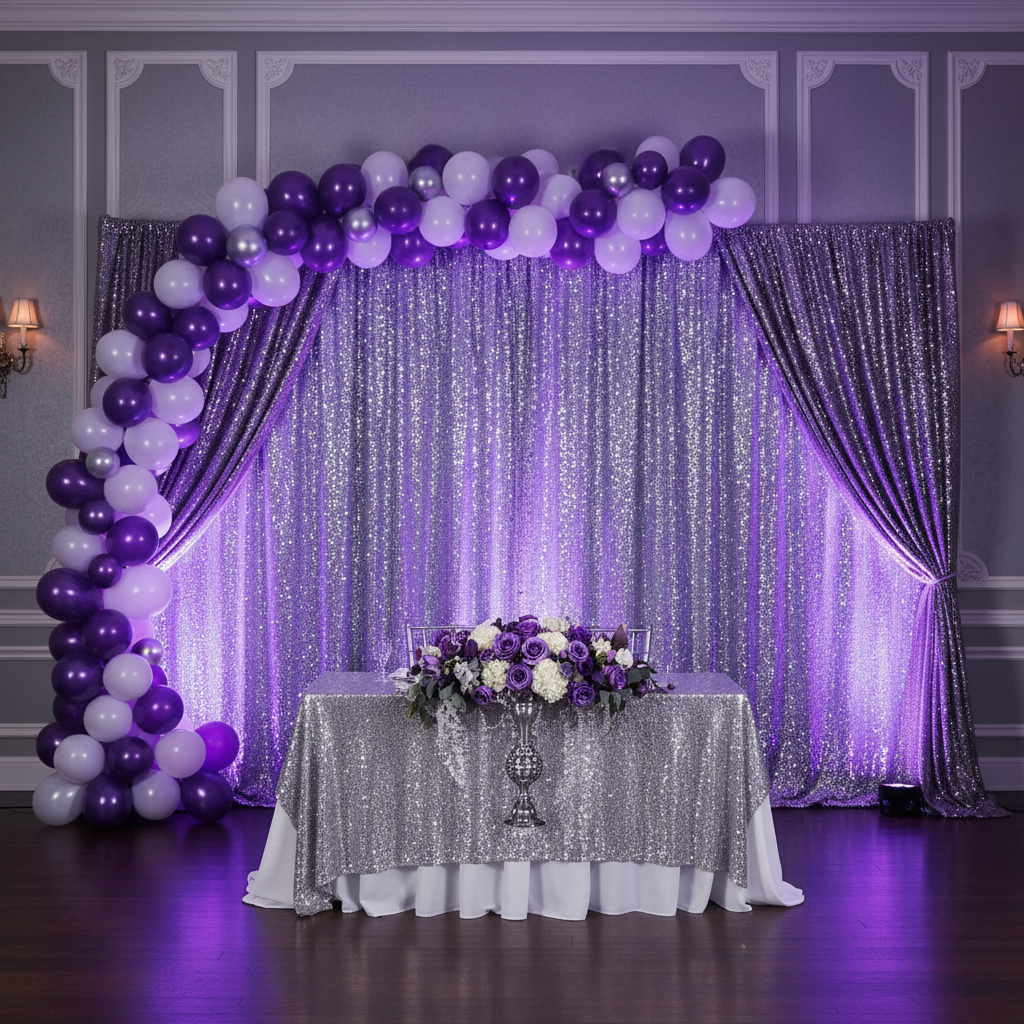 2 pc Crossbar support (drape support) rod 8ft to 14ft with silver purple glitz sequin drapes and white, purple balloons for quinceañera setup