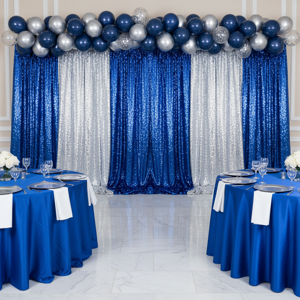 2 pc Telescopic Slip-fit Upright 5ft to 8ft with slip lock collar with silver and royal blue glitz sequin drapes and balloons for quinceanera