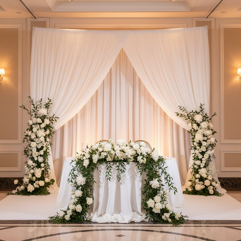 2 pc Telescopic Slip-fit Upright 5ft to 8ft with slip lock collar with white spandex drapes and premade flower runners for wedding reception