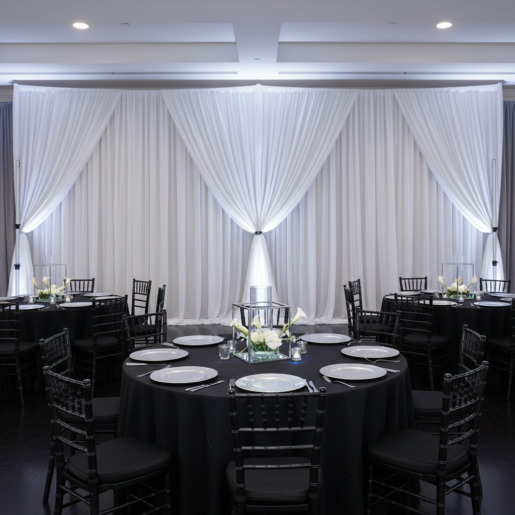 2 pc Telescopic Slip-fit Upright 6ft to 10ft with slip lock collar with white spandex drapes for corporate dinner