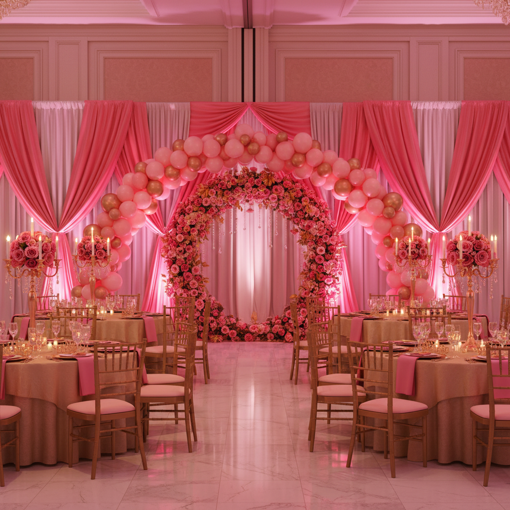 2 pc Telescopic Slip-fit Upright 8ft to 14ft with slip lock collar for quinceañera with white and pink spandex drapes