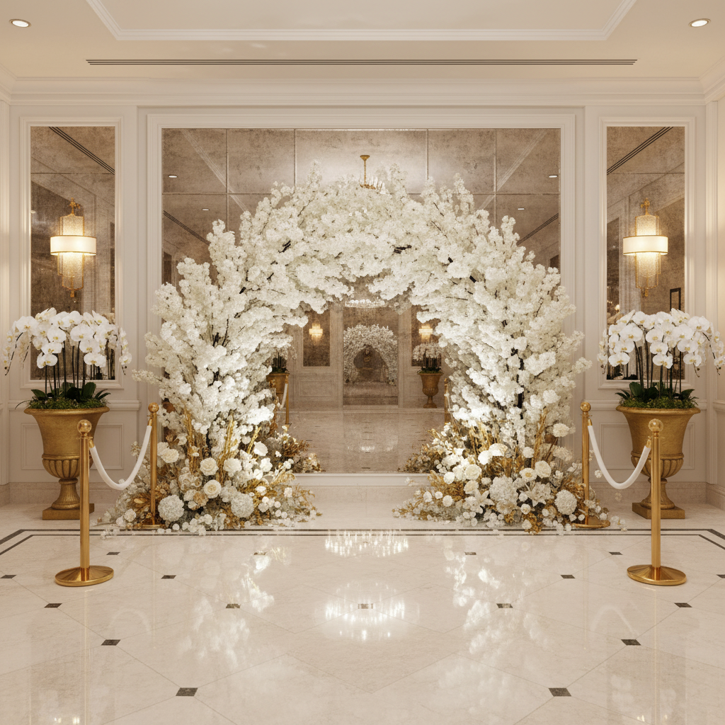 2 pcs 9.5ft Cherry Blossom Wedding Arch Backdrop - White for hotel lobby entrance for elegant wedding reception