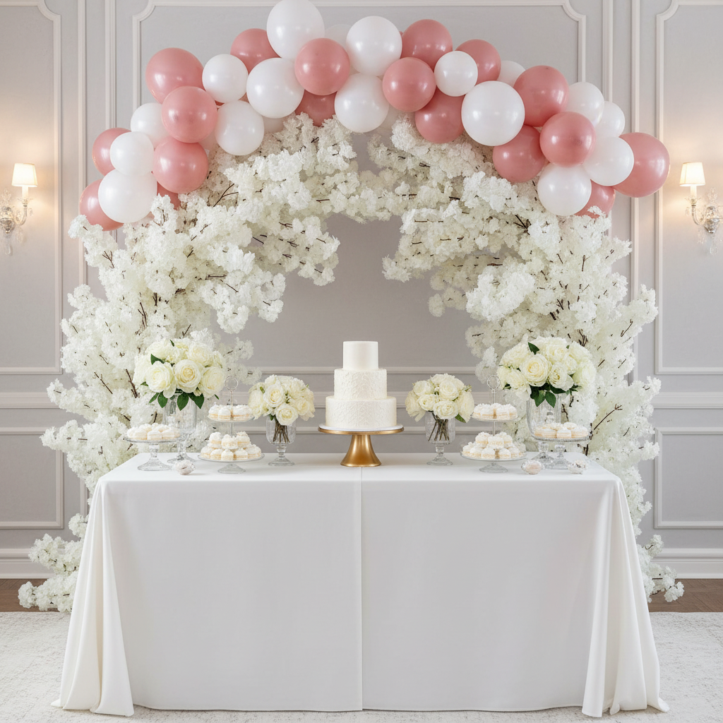 2 pcs 9.5ft Cherry Blossom Wedding Arch Backdrop - White for dessert table setup on a wedding reception