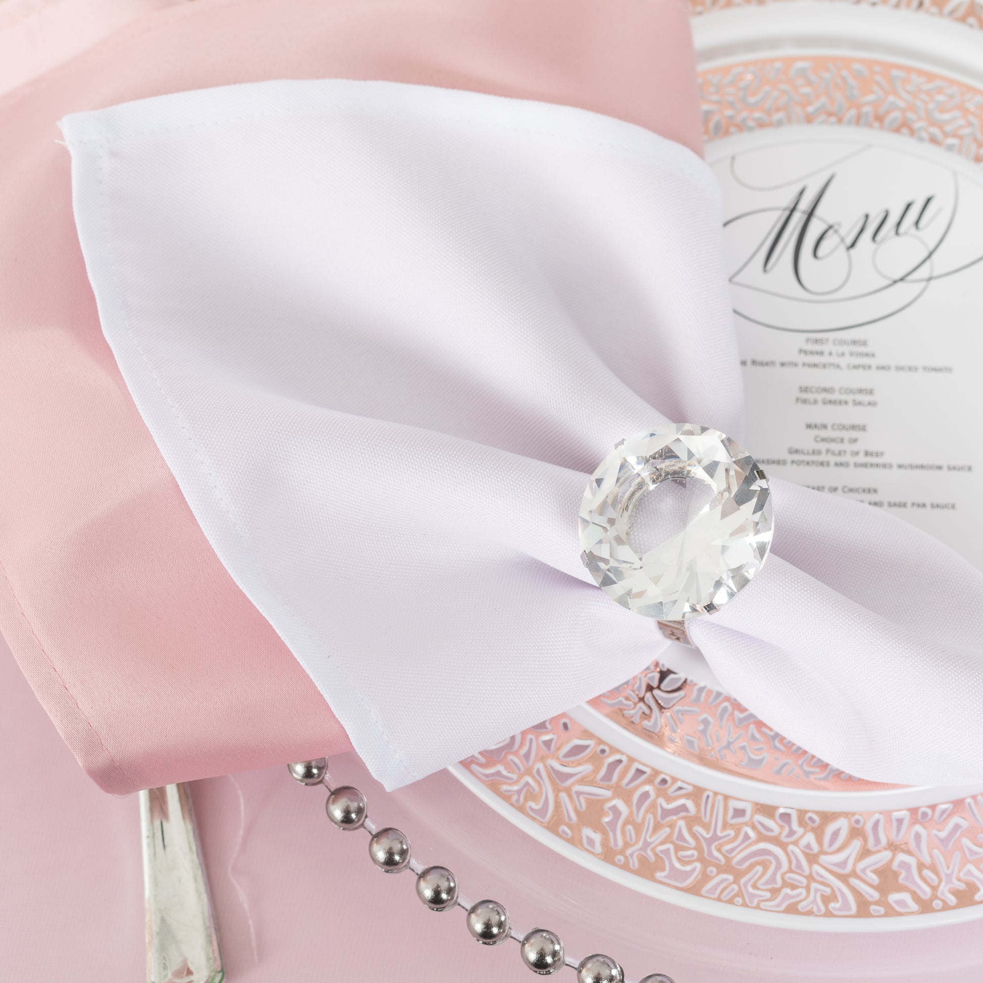 Premium Polyester Napkin 19"x19" - White close up with diamond napkin ring