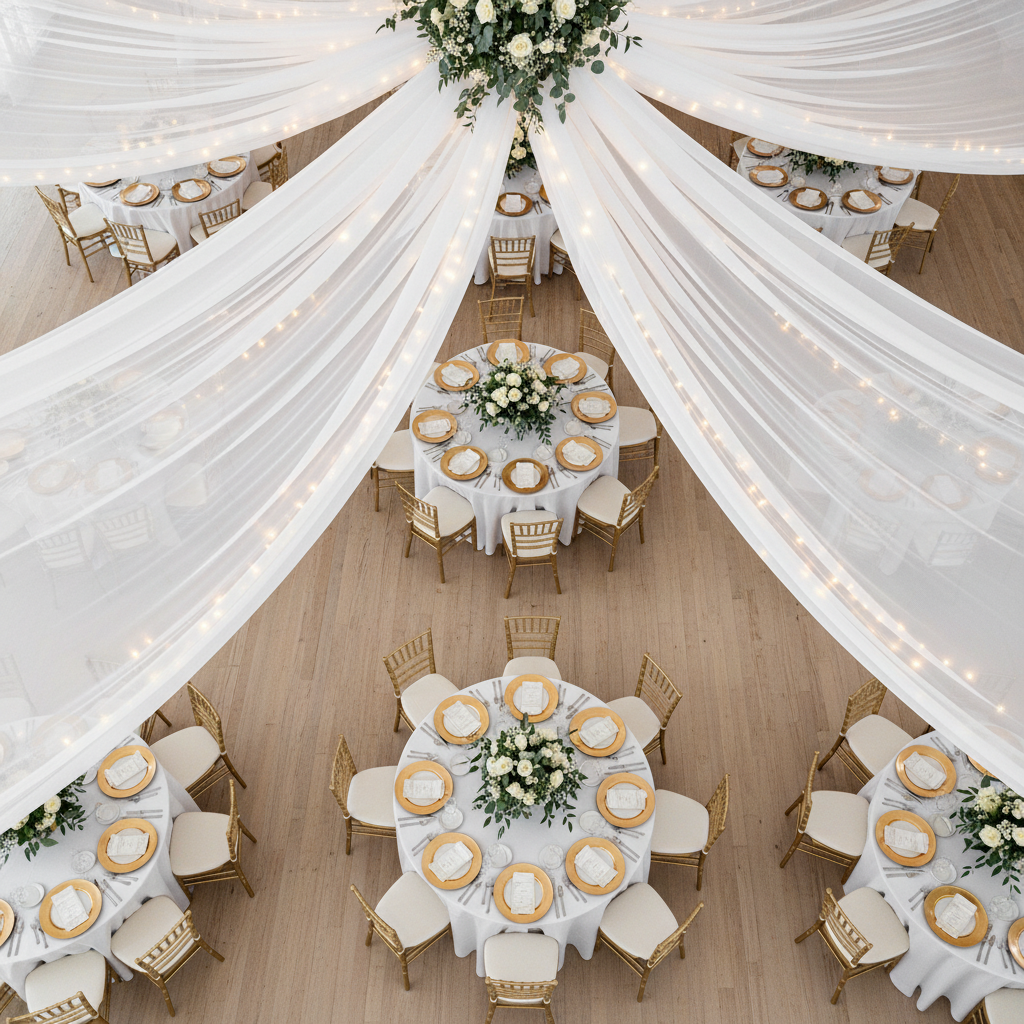 top view wedding reception setup with 20ft Ceiling/Curtain Draping Sheer Voile Flame Retardant (FR)  - Ivory