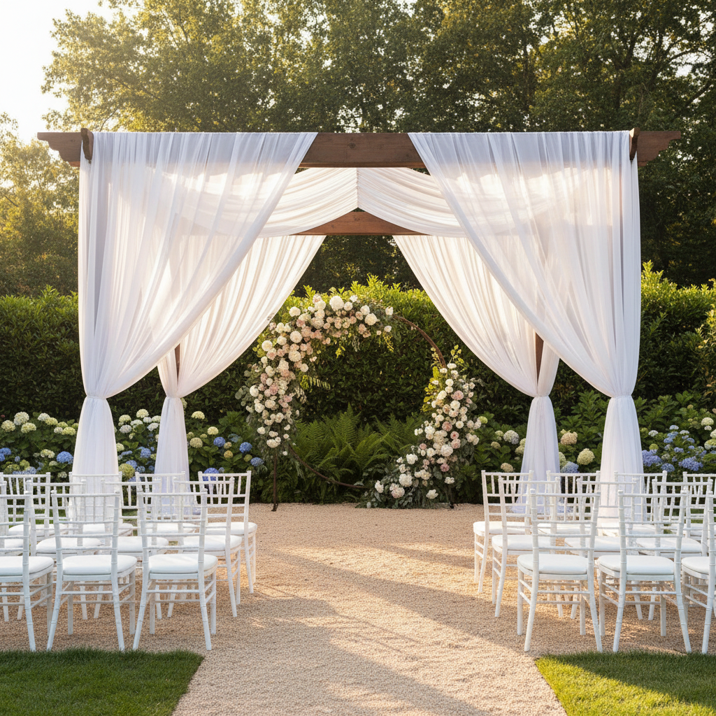 outdoor weddin reception with 20ft Ceiling/Curtain Draping Sheer Voile Flame Retardant (FR)  - Ivory