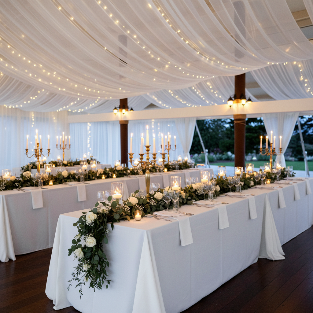 marquee tent with 20ft Ceiling/Curtain Draping Sheer Voile Flame Retardant (FR)  - White