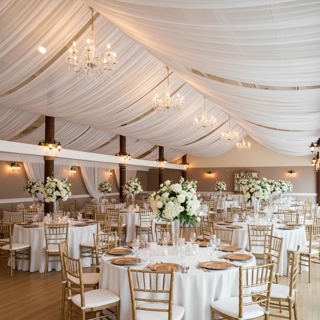 indoor elegant wedding reception with 20ft Ceiling/Curtain Draping Sheer Voile Flame Retardant (FR)  - White