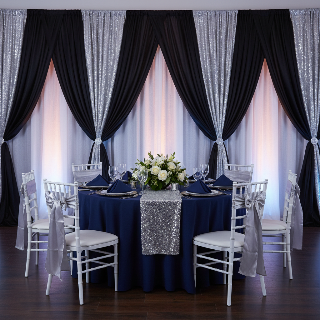 backdrop setup with 20ft-Spandex-Upright-Pole-Cover-Black