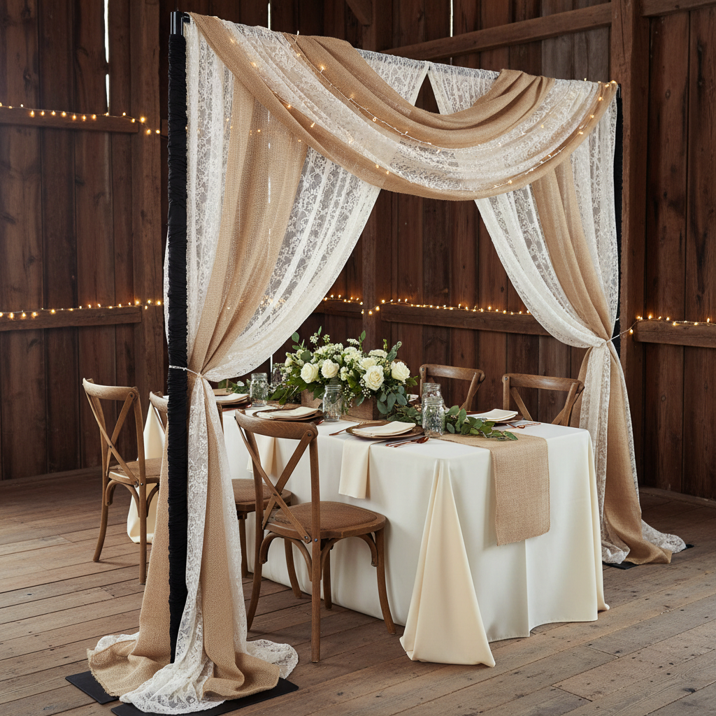 rustic barn drape setup showing 20ft-Spandex-Upright-Pole-Cover-Black with champagne and lace backdrop