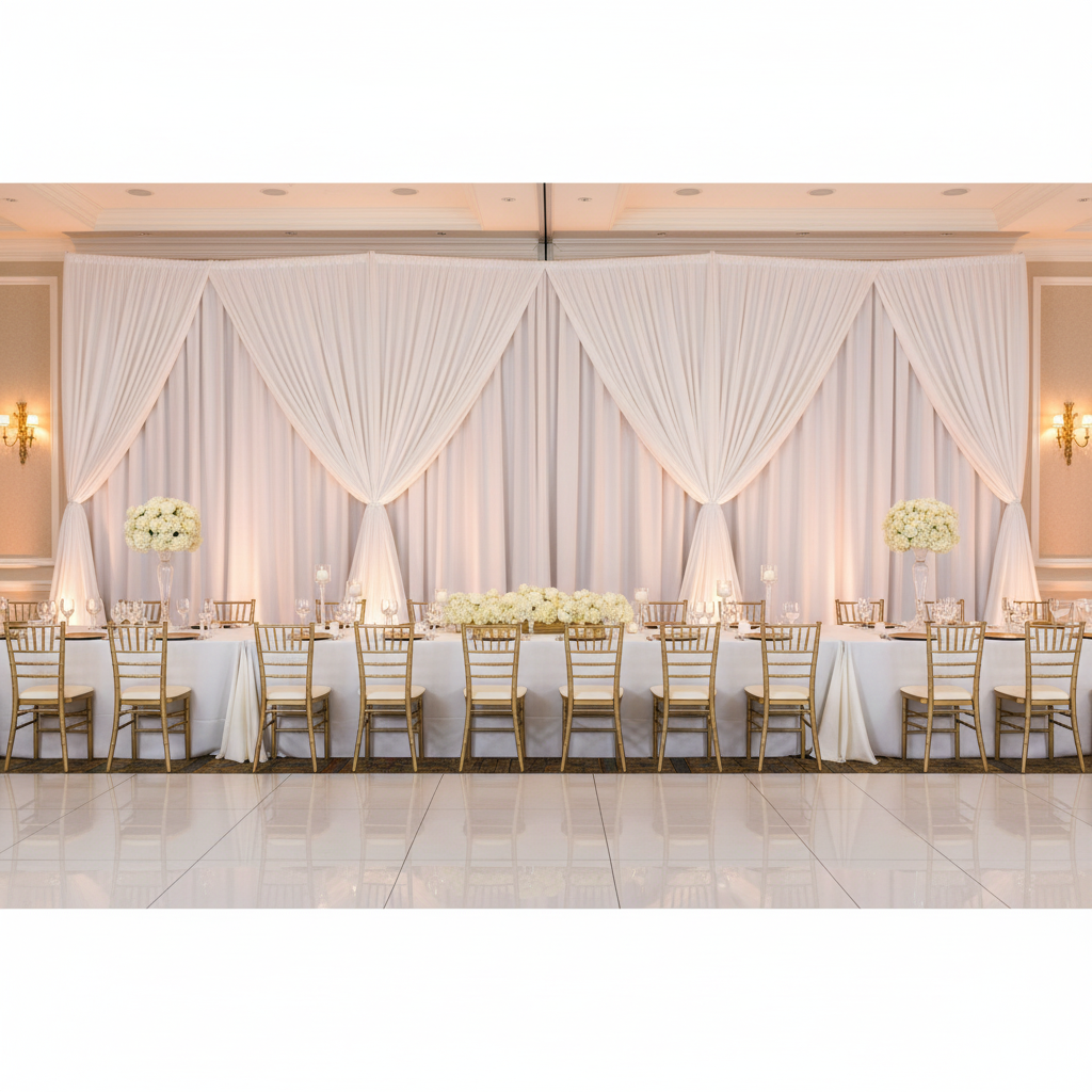 20ft Spandex Upright Pole Cover - Ivory with white spandex drapes for indoor wedding reception