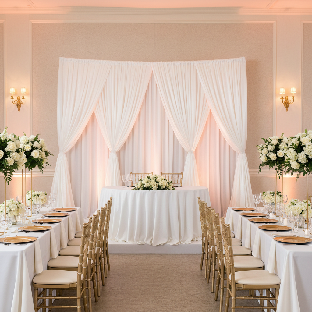 20ft Spandex Upright Pole Cover - Ivory with white spandex curtains for sweetheart table
