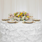 21ft Gathered Lamour Satin Table Skirt - White with flower centerpieces | gold charger plate | white trimmed dinner plate