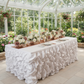 21ft Gathered Lamour Satin Table Skirt - White for baby shower with glitz sequin runner and flower centerpieces